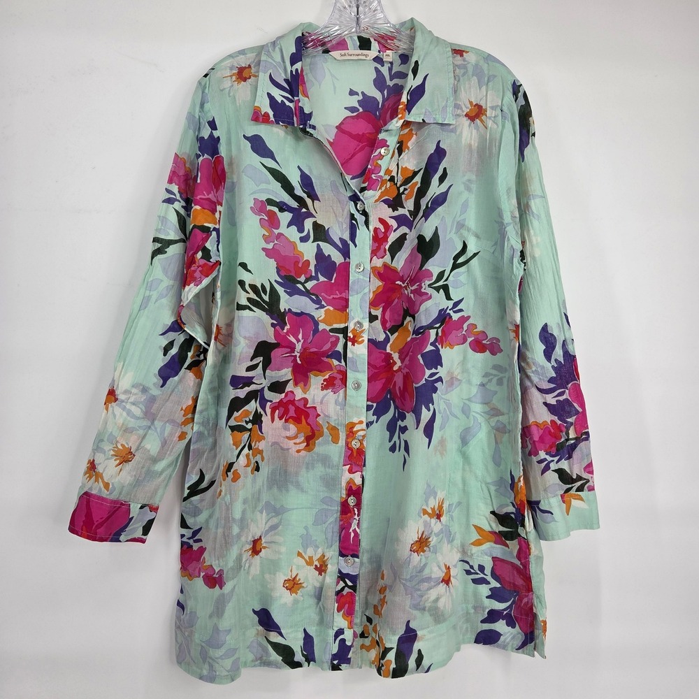 Soft Surroundings Tunic PXL Mint Green Floral‎ Cotton Lightweight Boho